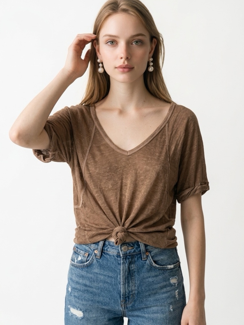 FREE PEOPLE | WE THE FREE V-Neck Oversized Burnout Tee in Brown Women’s Size XS